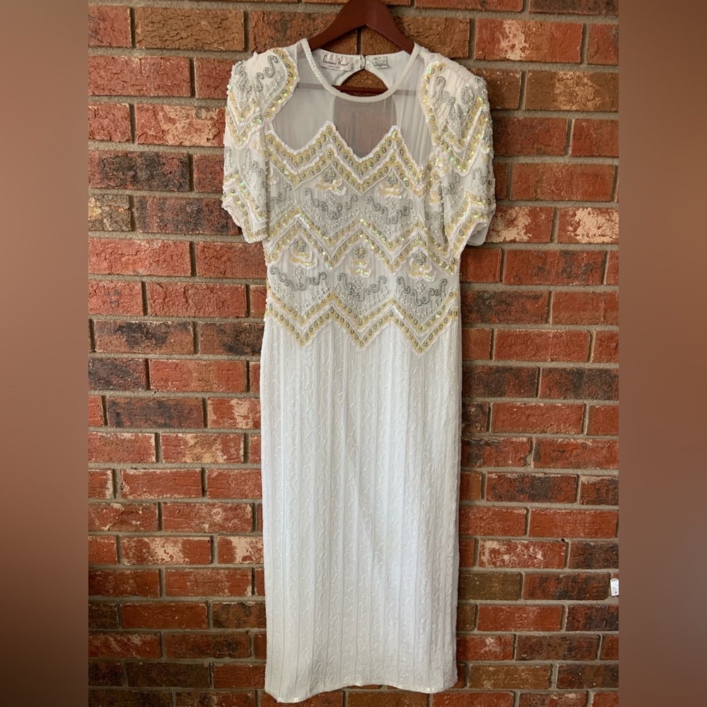 Vintage Laurence Kazar White and Gold Sequin Beaded Silk Short Sleeve Maxi Dress